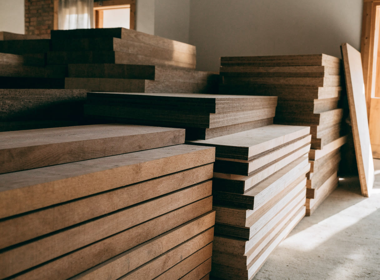 Pilas ordenadas de tablas y paneles de madera