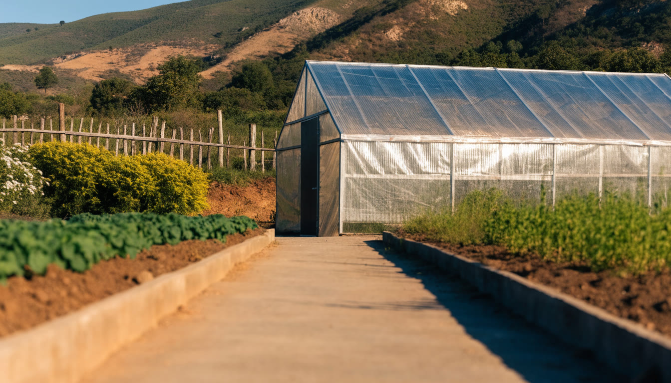 Acceso a un invernadero junto a camas de cultivo