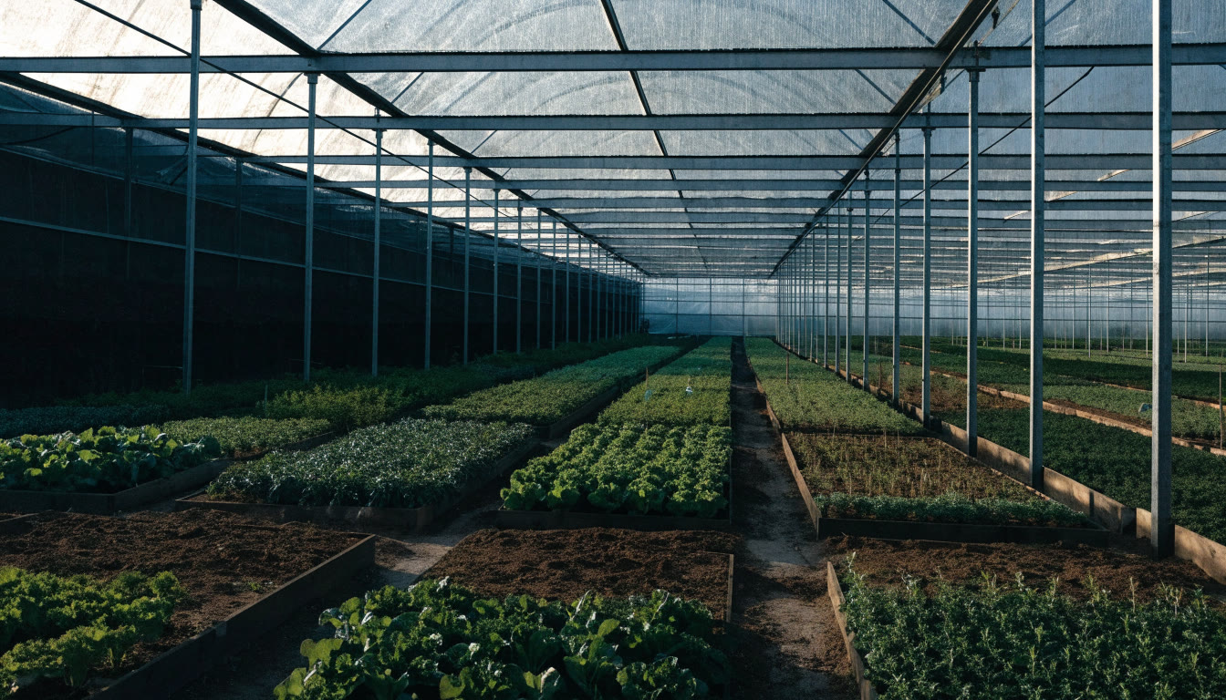 Interior de un invernadero con módulos de estructura y bancales de cultivo