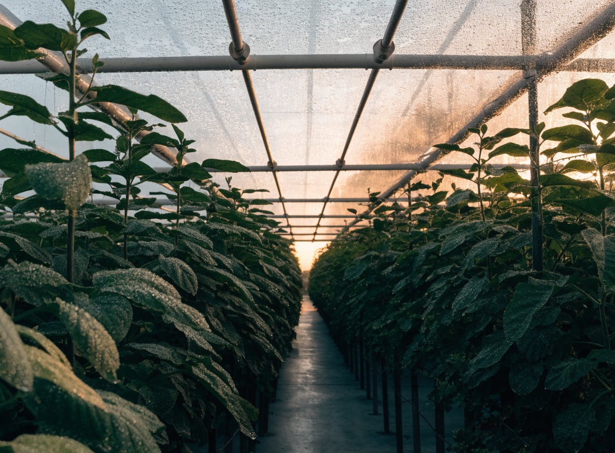 Pasillo de invernadero al amanecer entre hileras de cultivo
