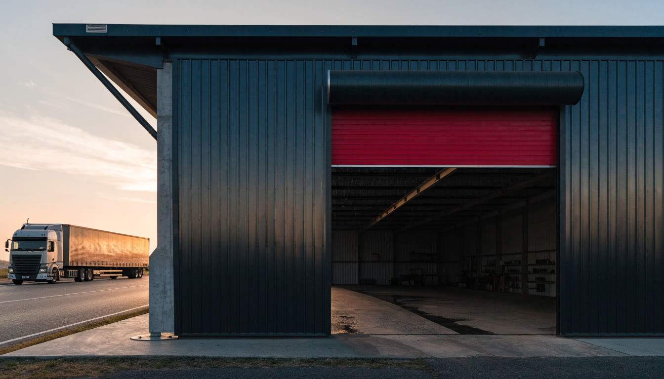 Entrada de una bahía de taller diésel al amanecer