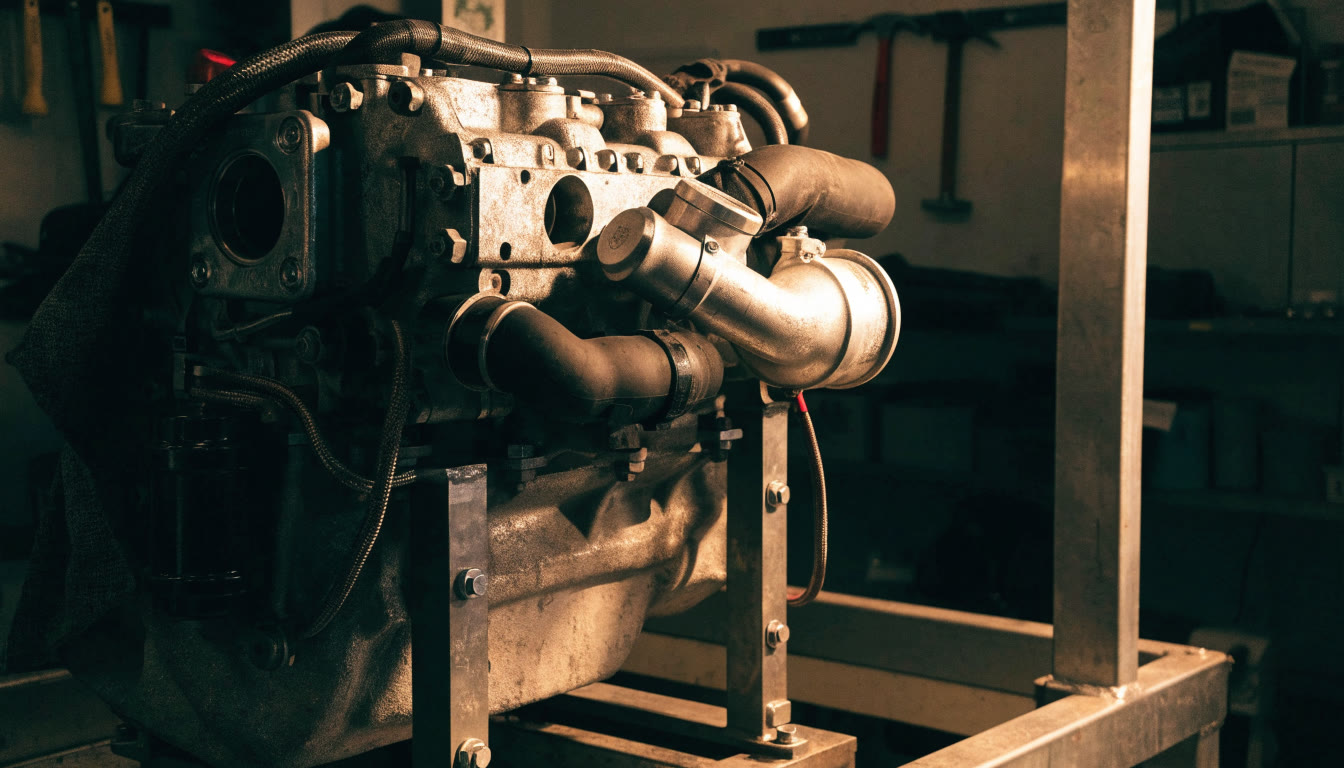 Motor diésel abierto con admisión y turbo visibles