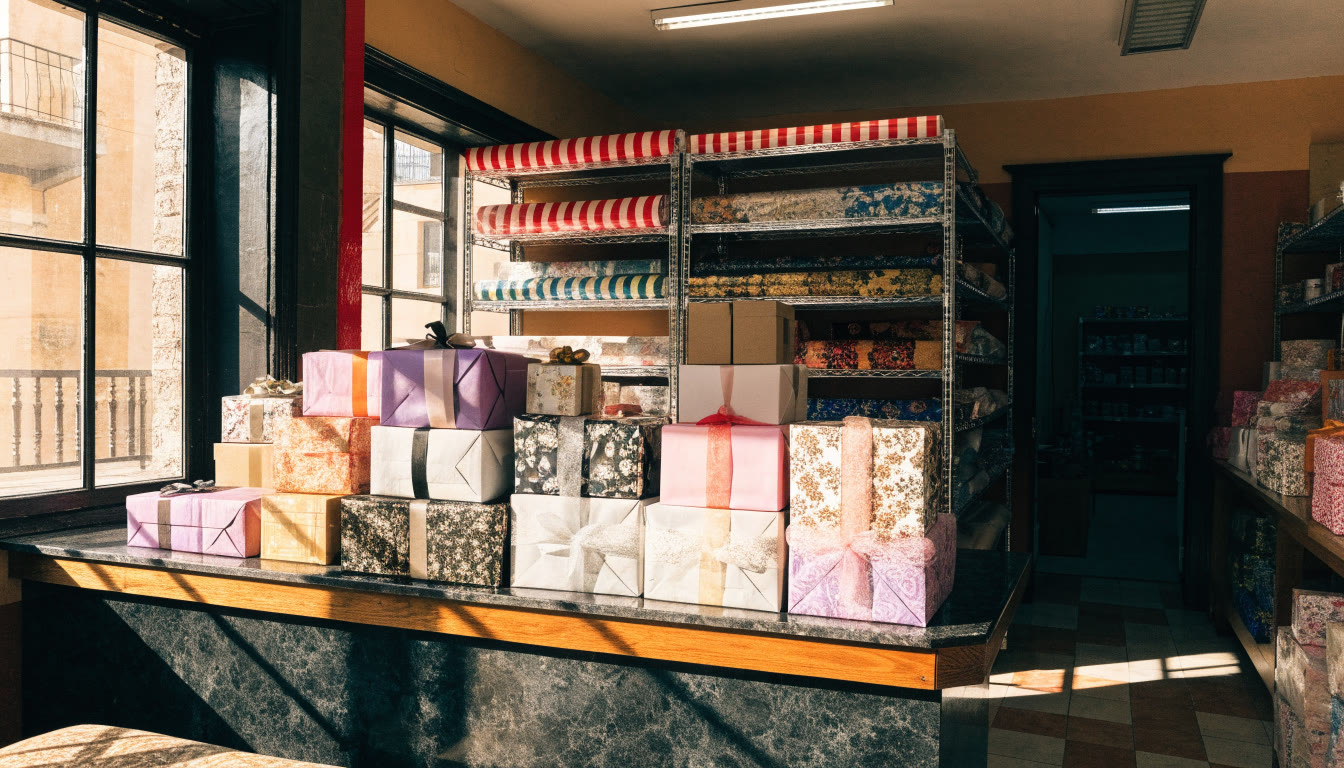 Mostrador de tienda con paquetes listos y papeles de envoltura