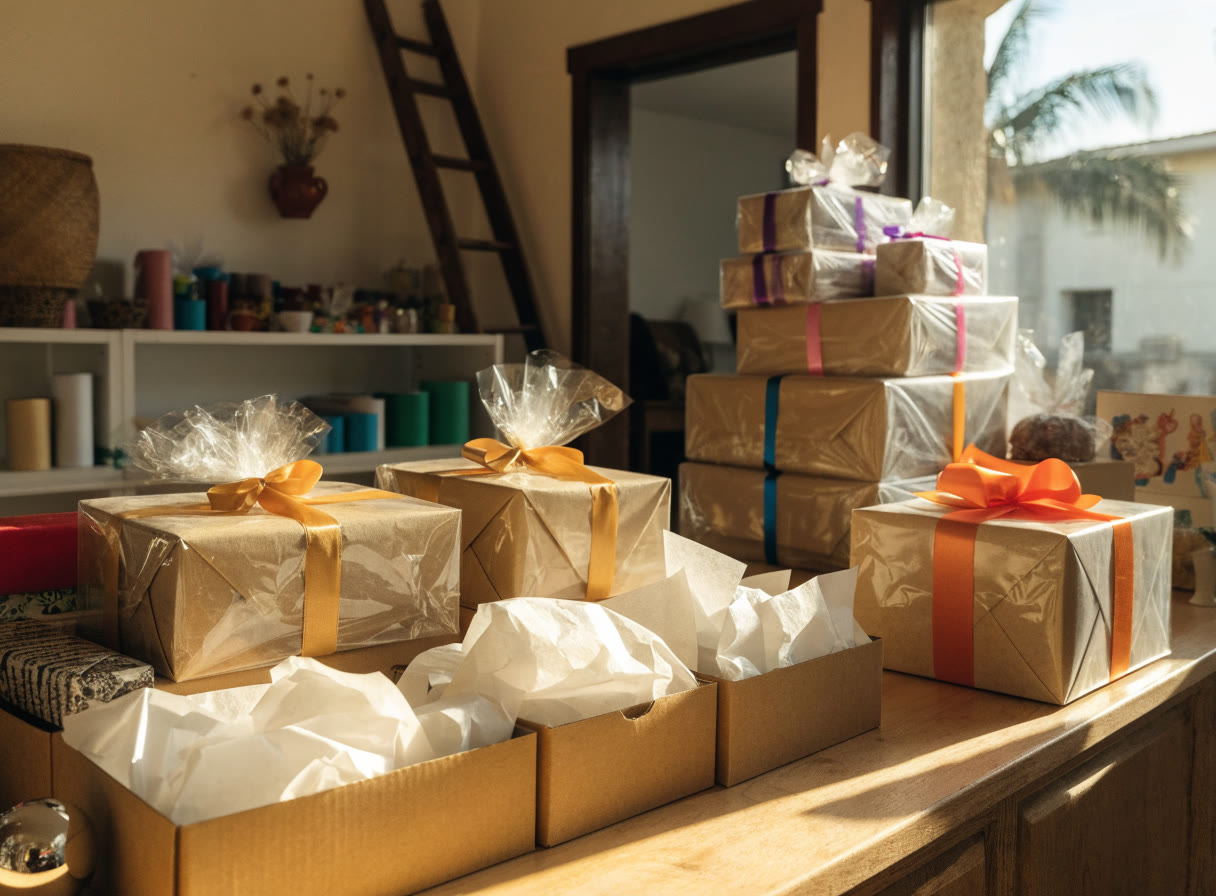 Mostrador de tienda con cajas, papel y listones