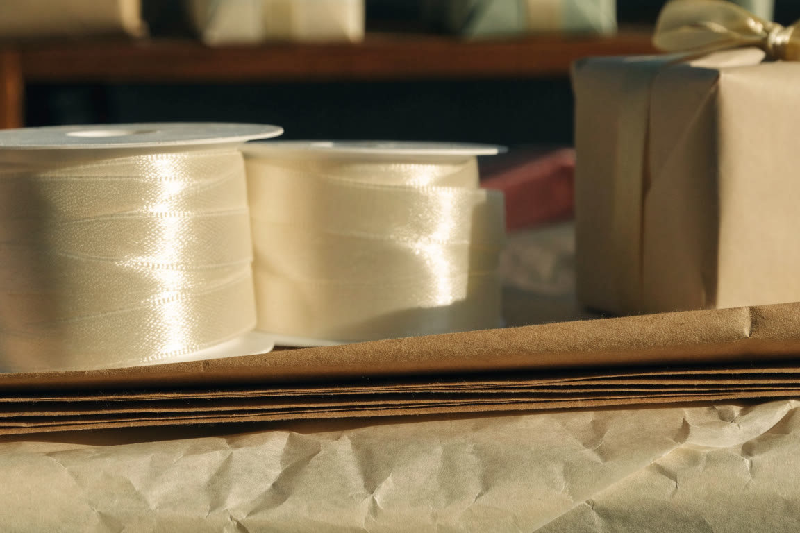 Materiales de envoltura y caja de regalo en proceso de preparación