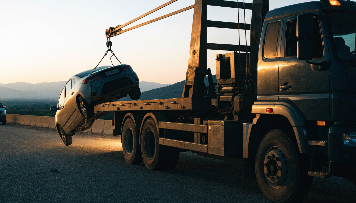 Grúa de plataforma carga un automóvil en un área segura al amanecer