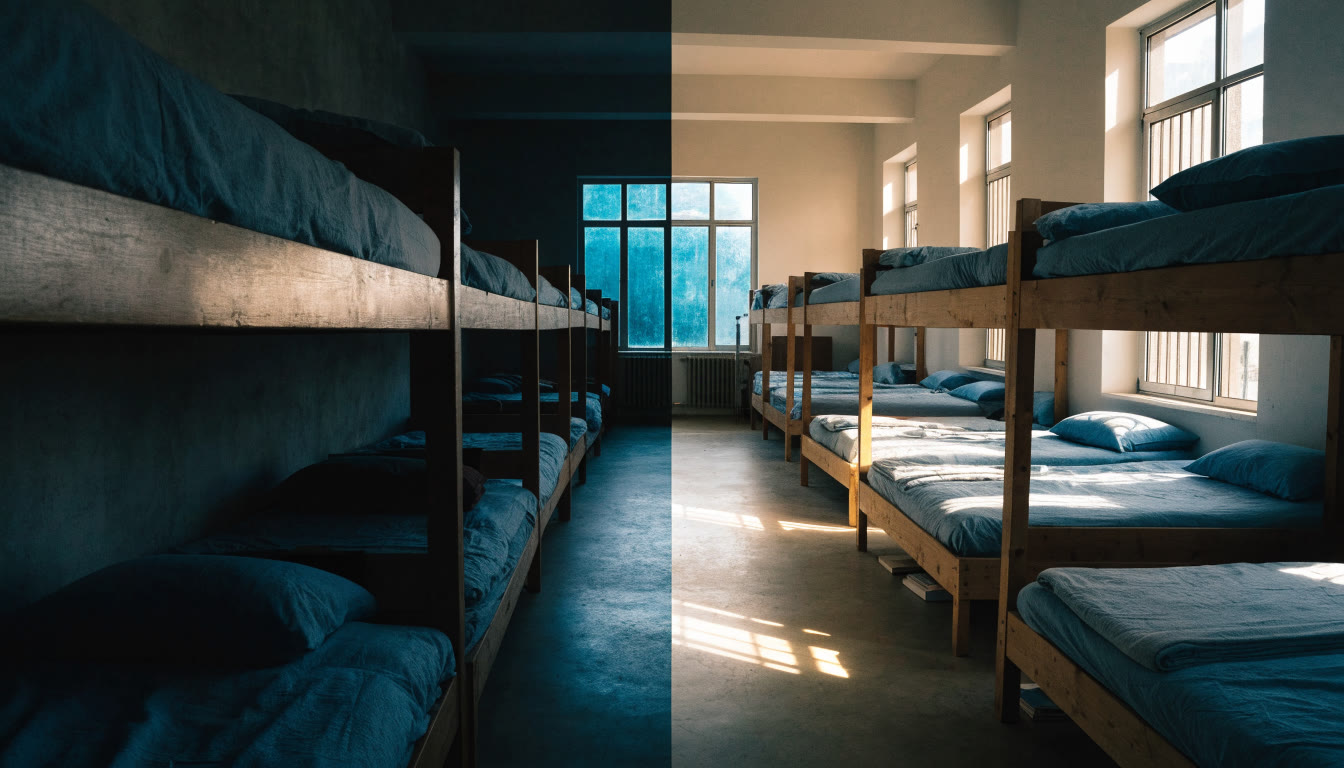 Dormitorio de hostal con camas ordenadas y luz de mañana