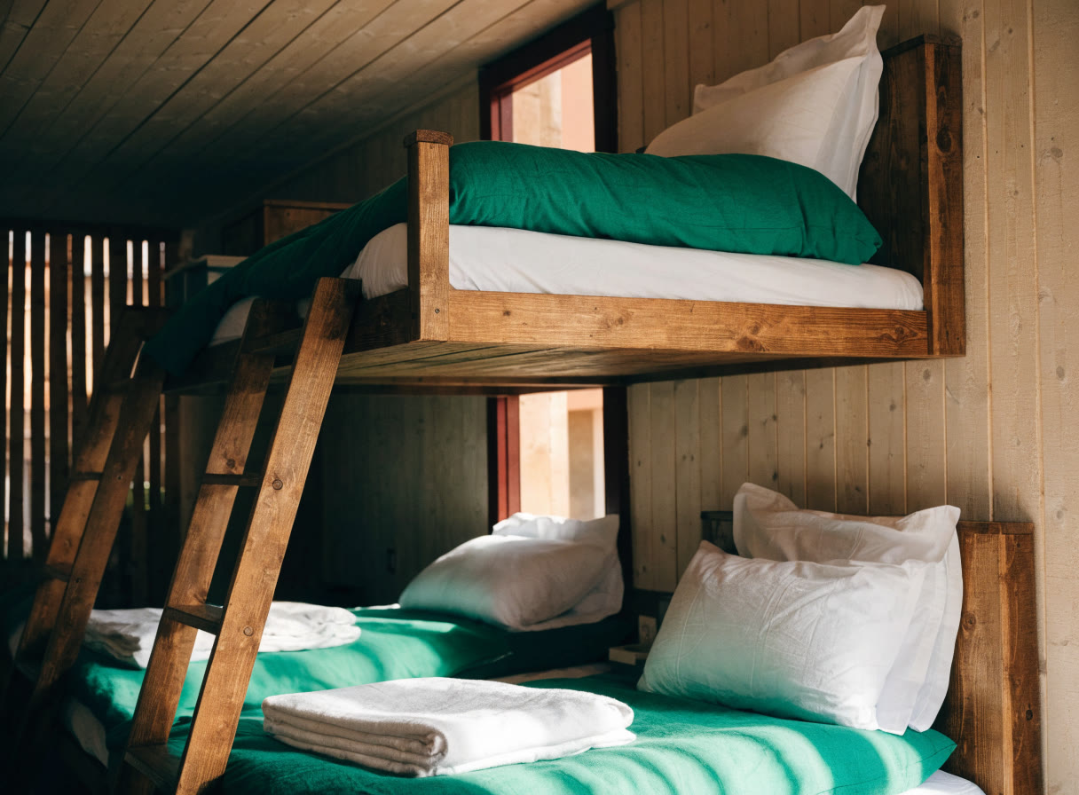 Literas con ropa de cama clara en un dormitorio compartido