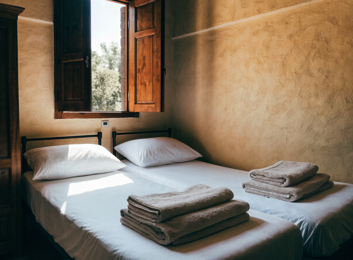 Rincón tranquilo del hostal con detalles de madera