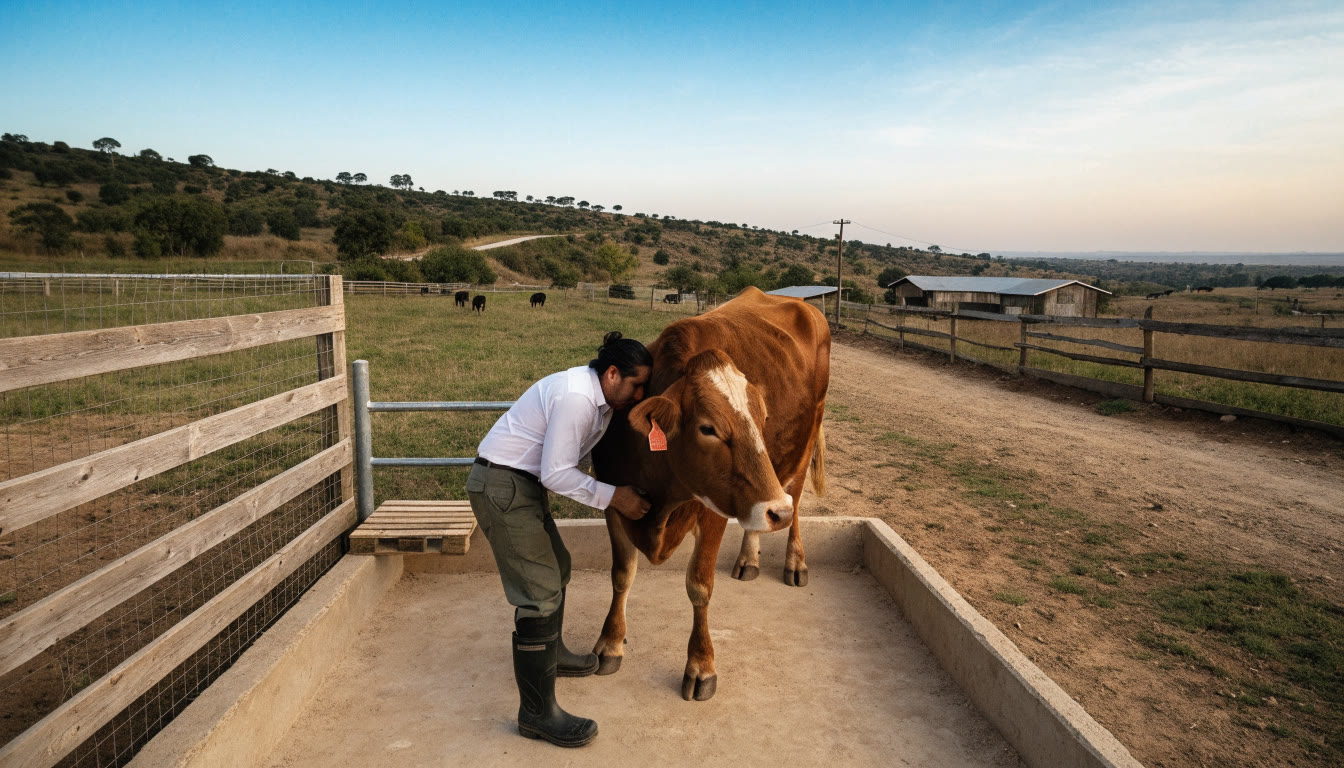 Veterinaria revisa una vaca tranquila en un corral limpio al amanecer