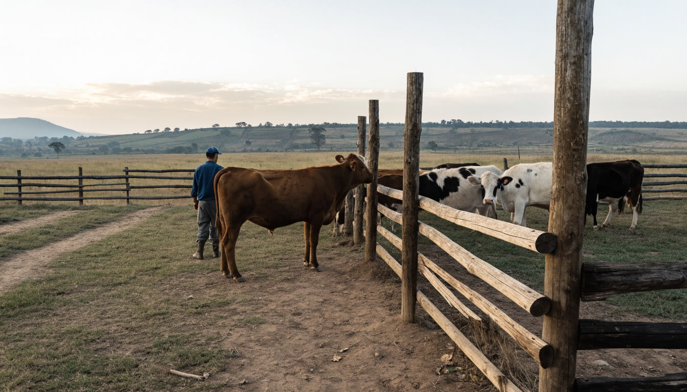 Atención veterinaria en un corral rural con bovinos tranquilos