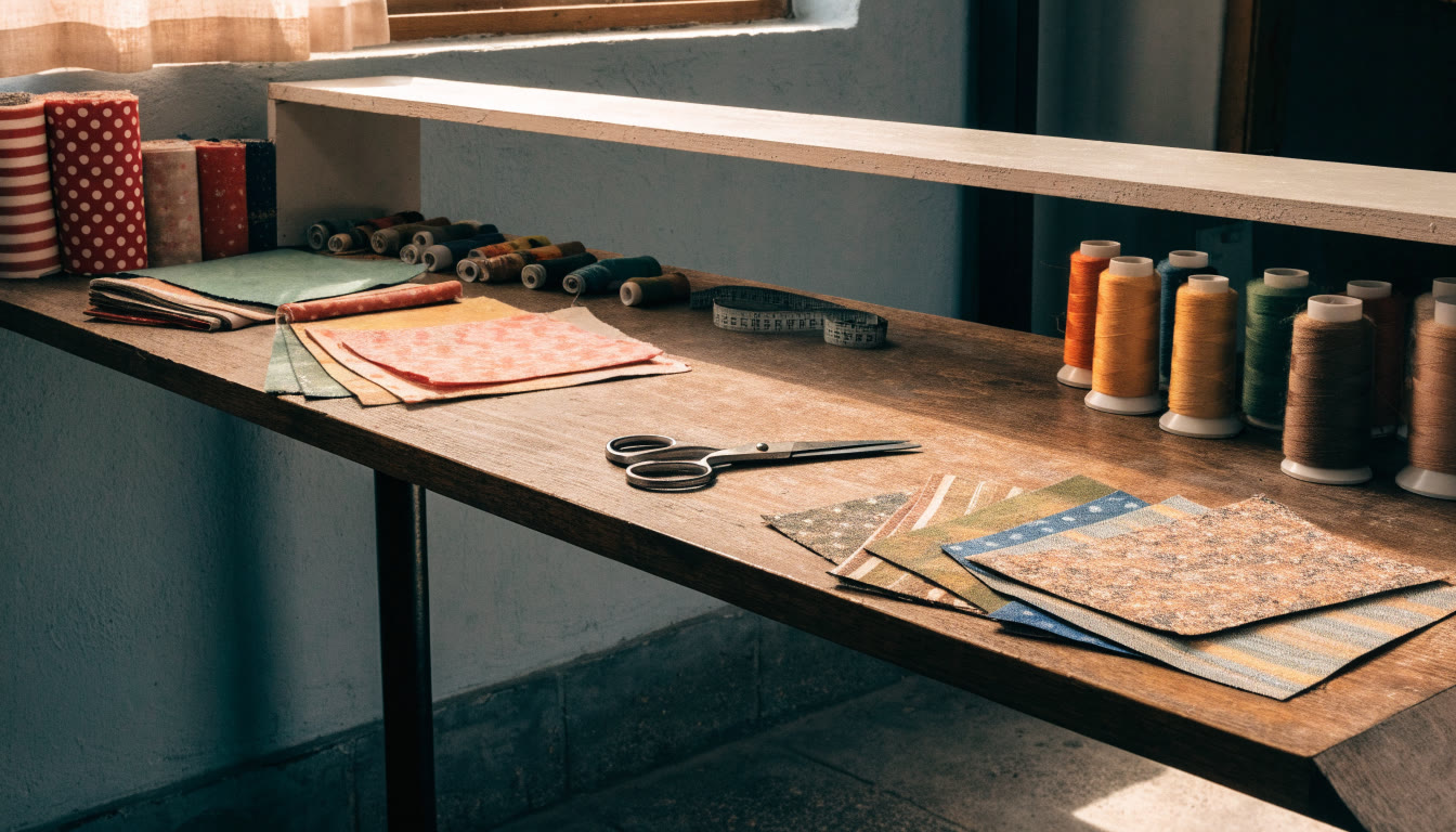 Mesa de corte con telas, carretes e instrumentos de costura en una mercería
