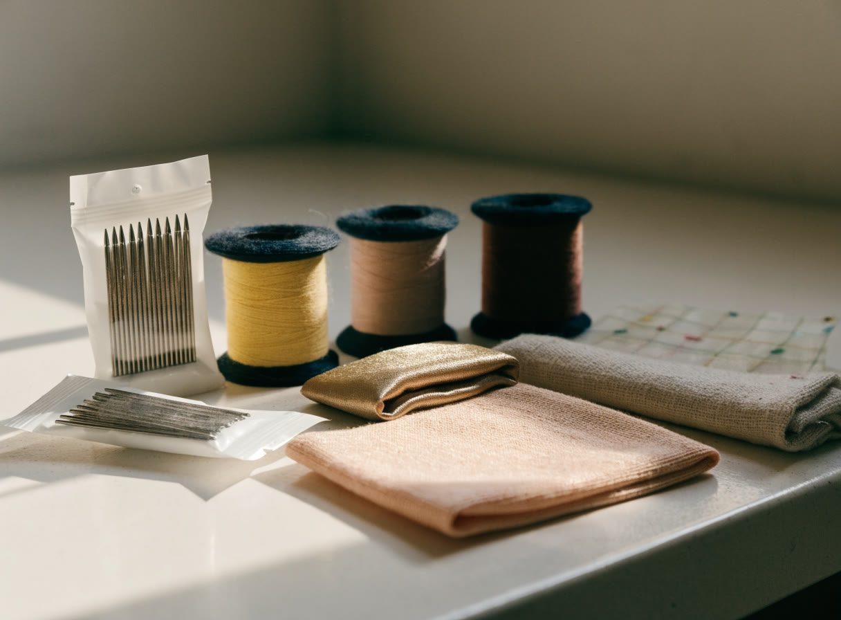 Hilos, agujas y muestras de tela para comparar materiales