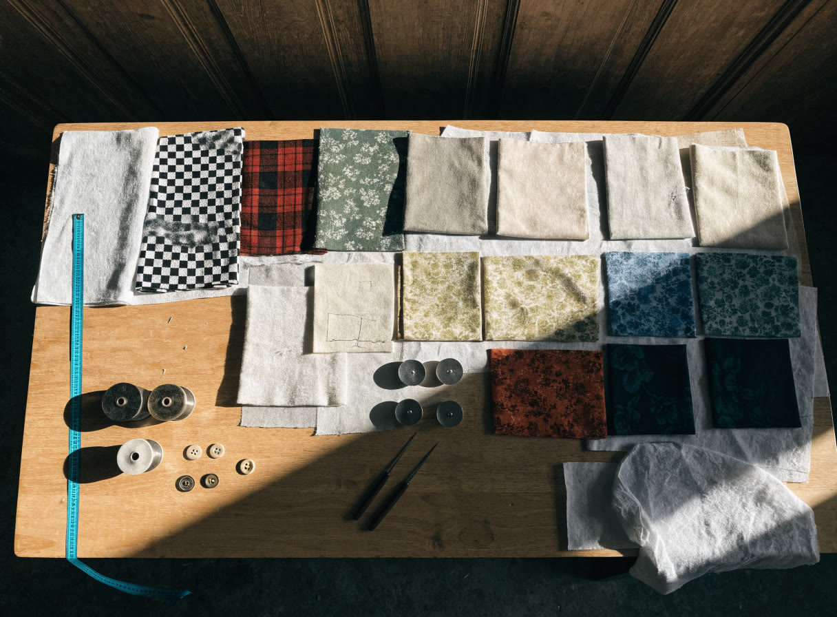 Muestras de tela, cinta métrica, hilos y herramientas organizados para comparar materiales