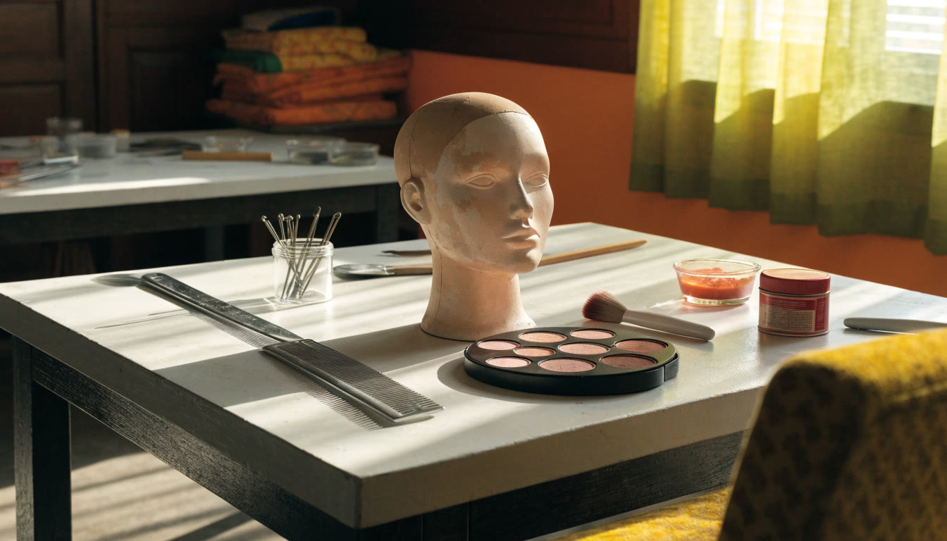 Estación de práctica de belleza con maniquí, peines, brochas y herramientas ordenadas