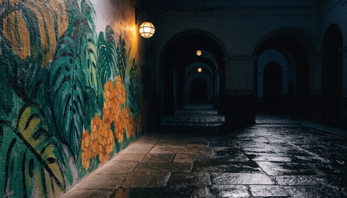 Patio con arcos y un muro pintado con hojas tropicales bajo la luz de un farol