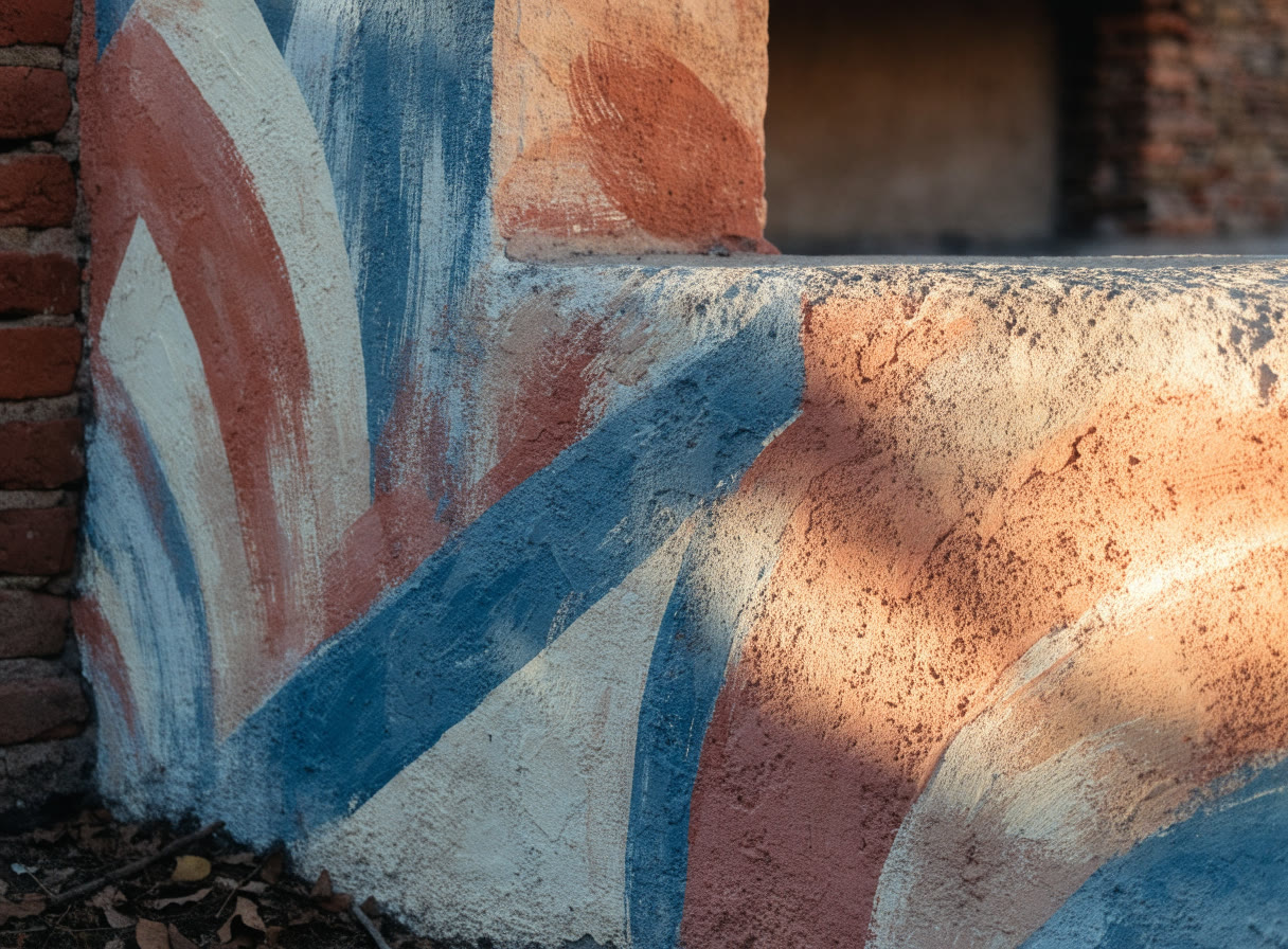Detalle de muro exterior con pinceladas terracota, azul pizarra y crema sobre aplanado