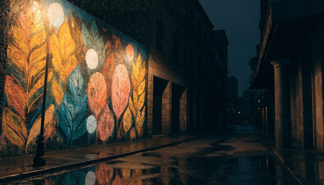Muro pintado con hojas de colores iluminado por un farol en una calle mojada de noche