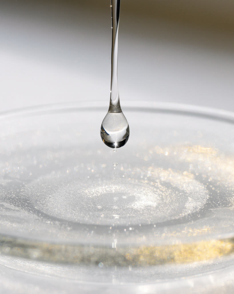 Gota de esencia cayendo sobre vidrio esmerilado