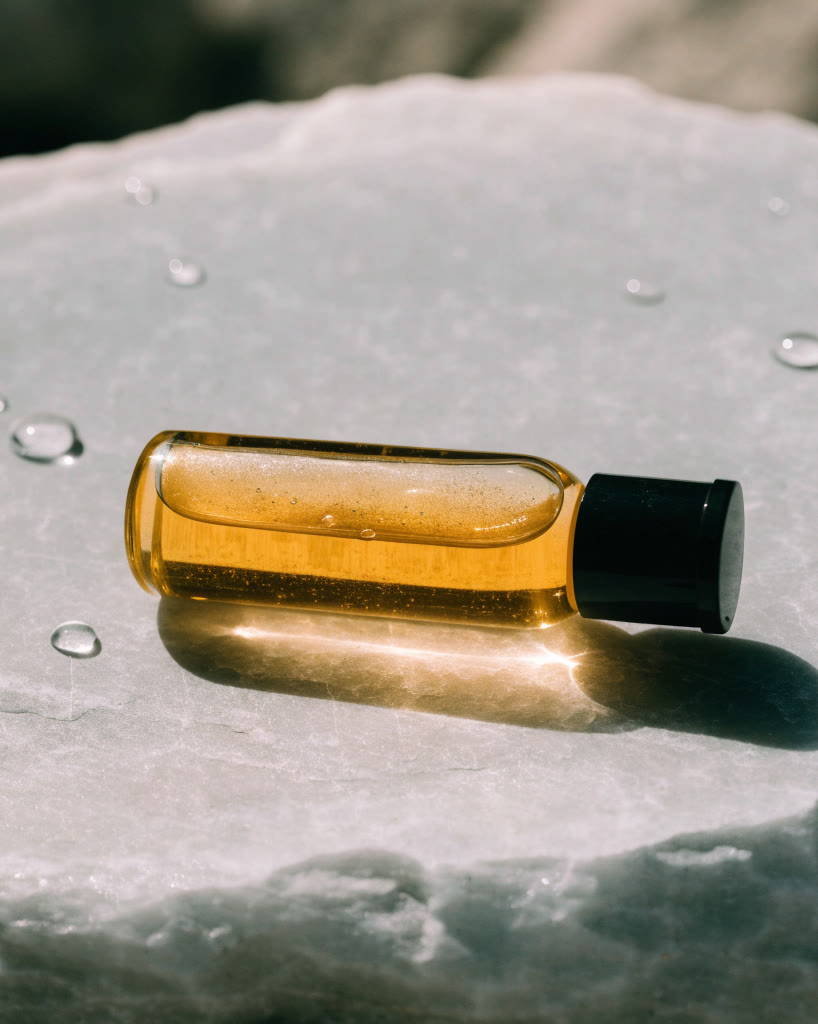 Frasco ámbar de sérum sobre losa mineral con gotas de agua