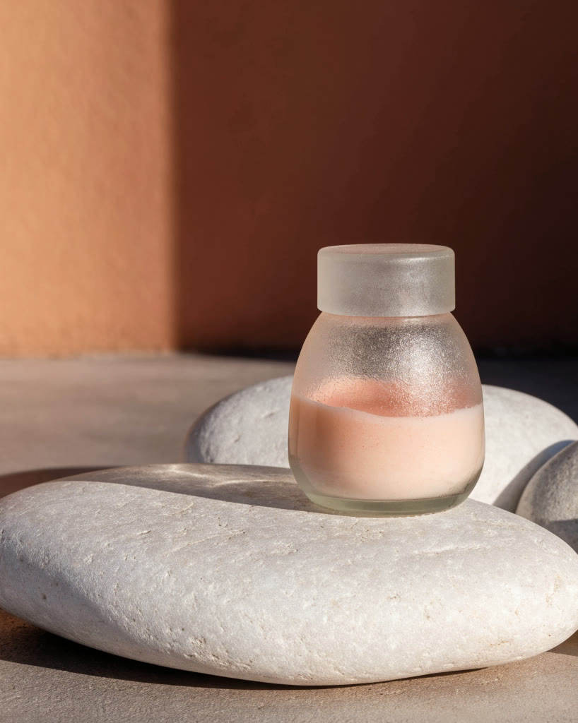 Piedras blancas y un frasco esmerilado con crema rosada
