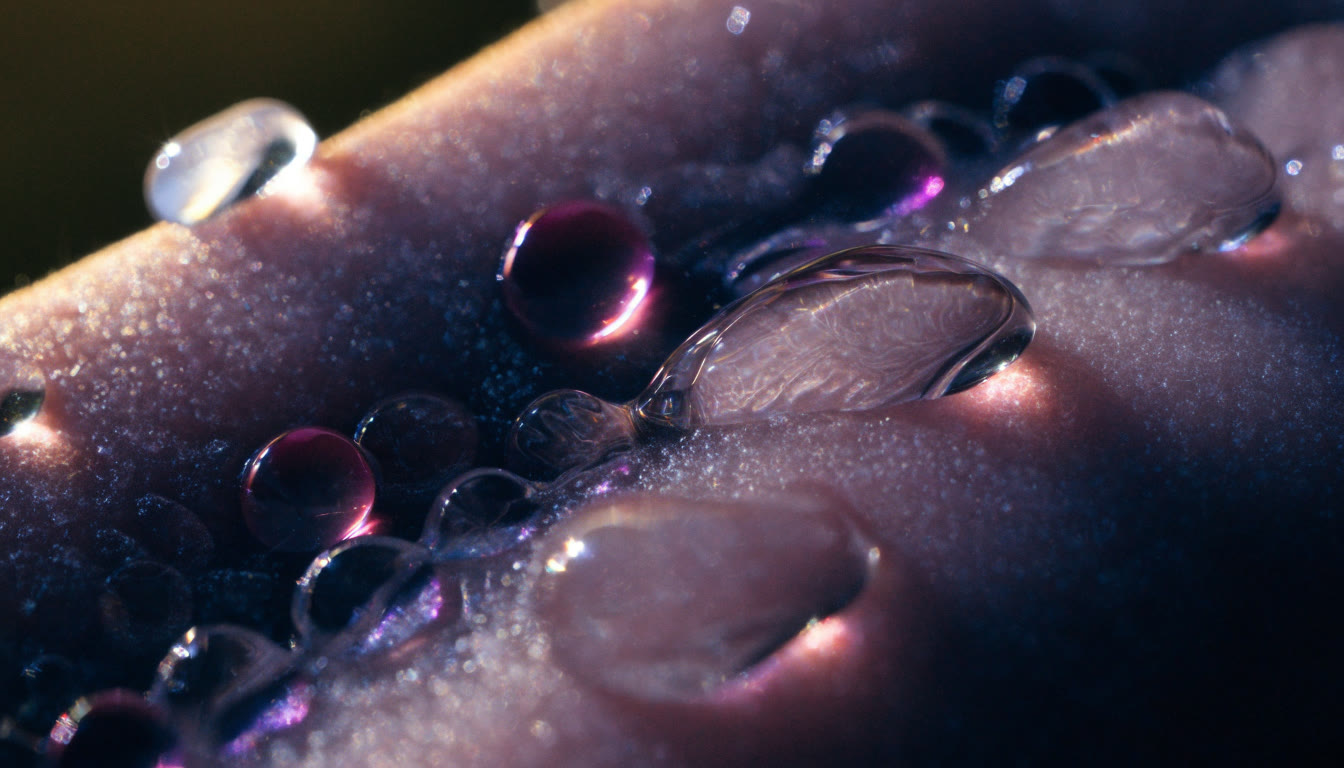 Gotas de sérum translúcido sobre una superficie con textura de piel