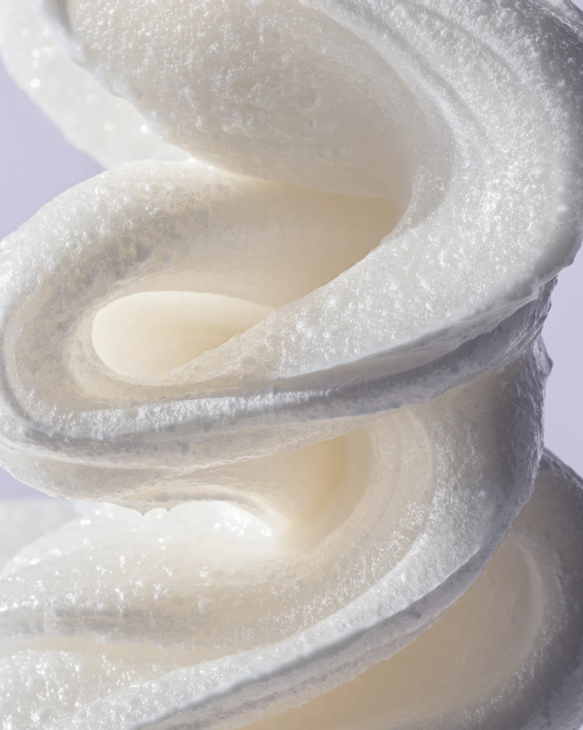 Listón de crema blanca doblado sobre sí mismo, en primer plano