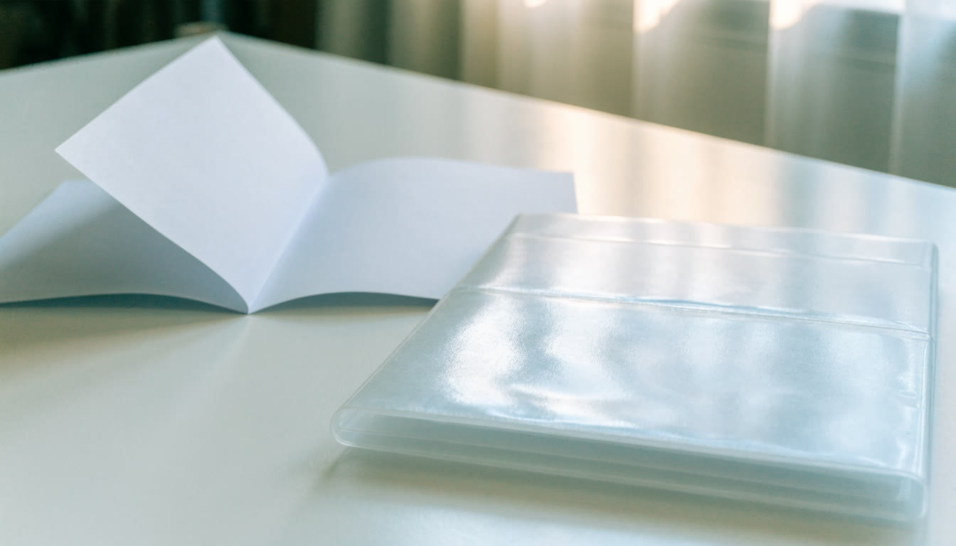 Mesa clara con una carpeta abierta y una mica translúcida