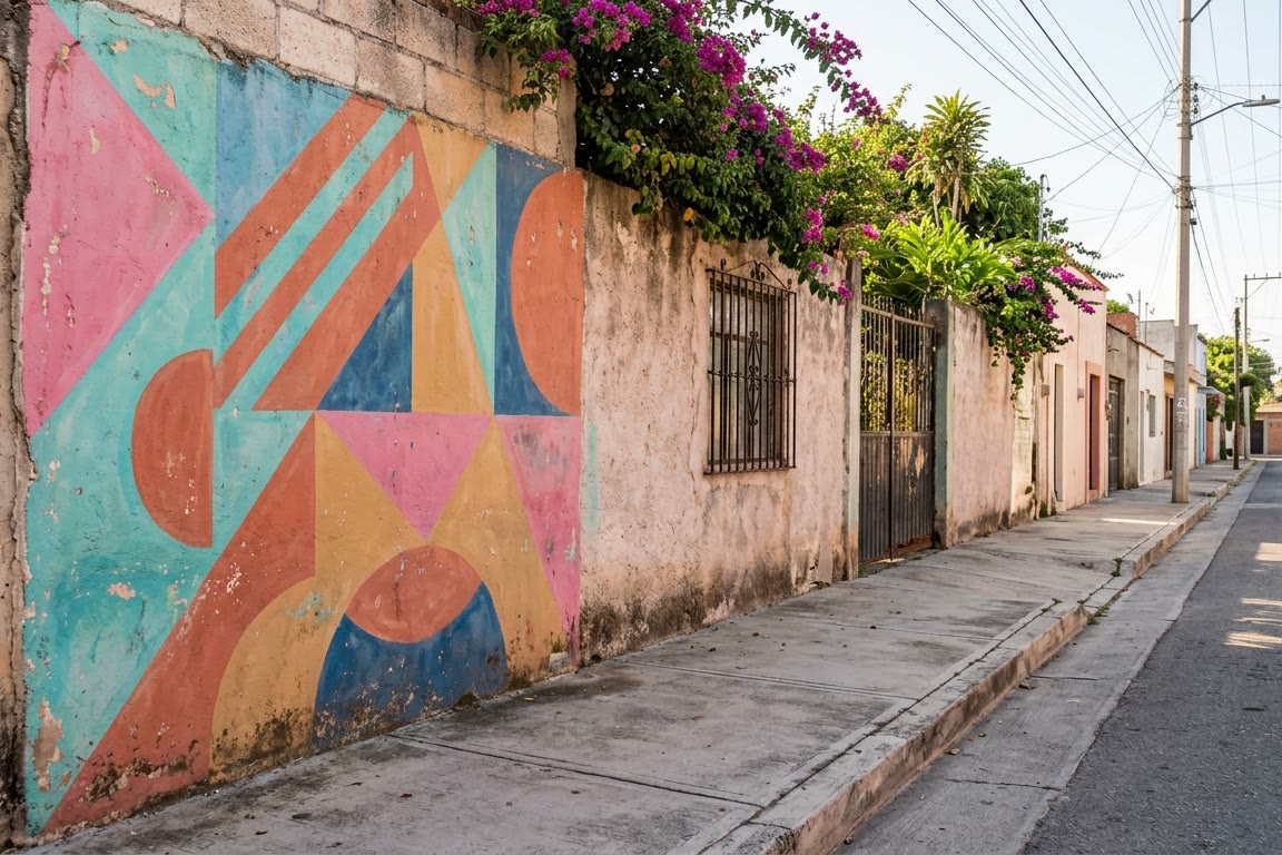 Muro pintado con figuras geométricas junto a una banqueta tranquila