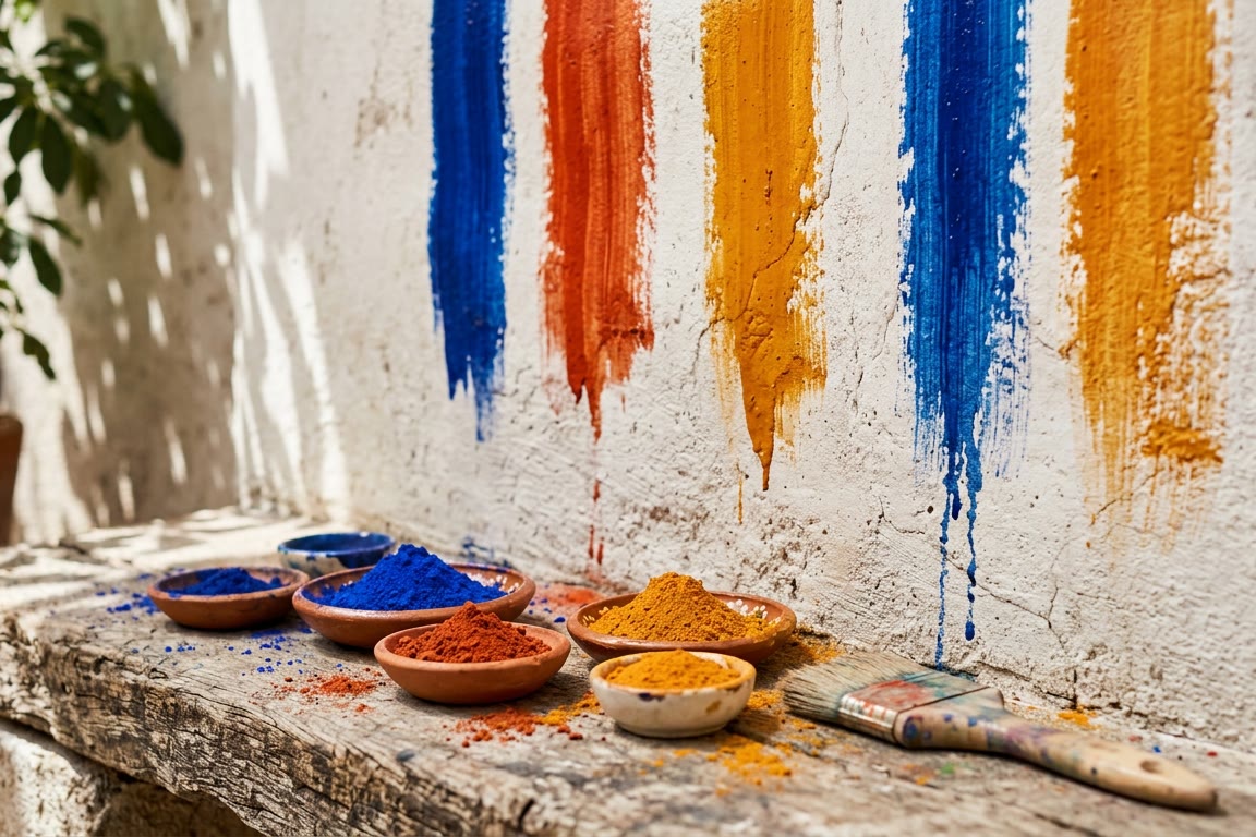 Muro de cal con franjas de pintura azul, bermellón y azafrán