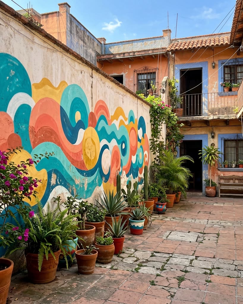 Patio comunitario con un mural de formas redondas en turquesa, coral y amarillo