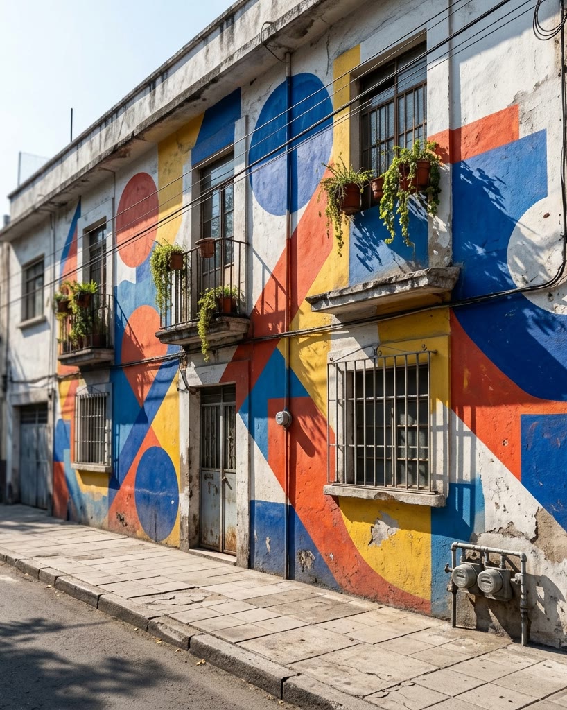 Fachada de dos niveles con un mural geométrico en azul, rojo y amarillo