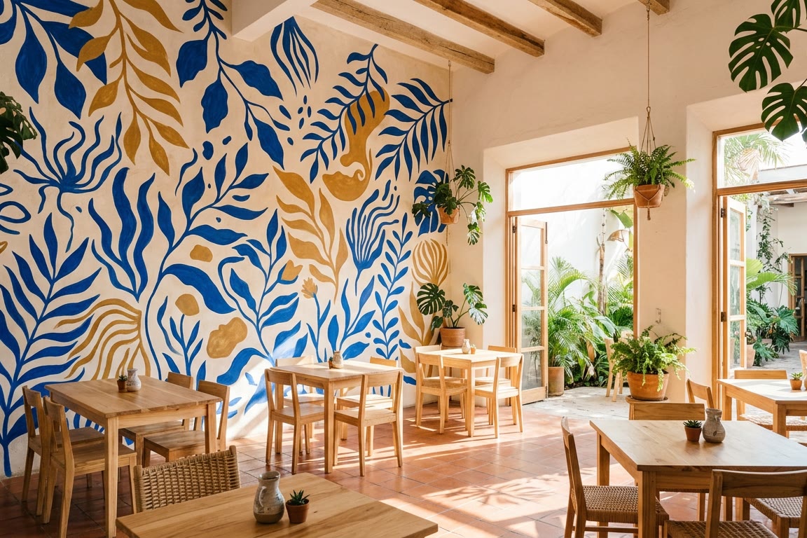Cafetería luminosa con un mural botánico azul y ocre en toda la pared