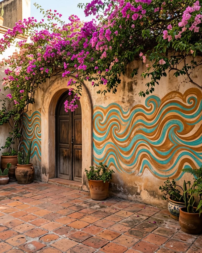 Patio soleado con un mural de ondas ocre y turquesa