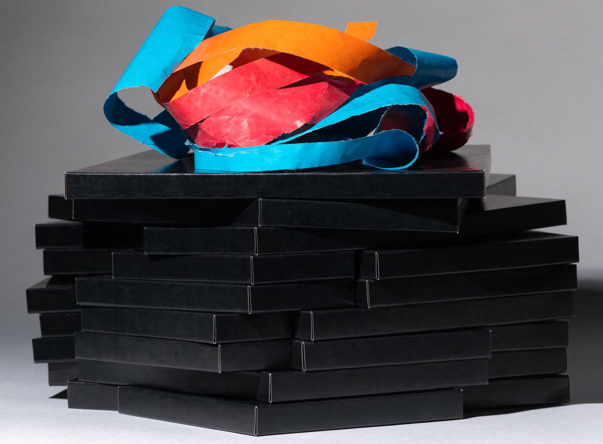 Cajas negras apiladas con recortes de vinil de colores encima