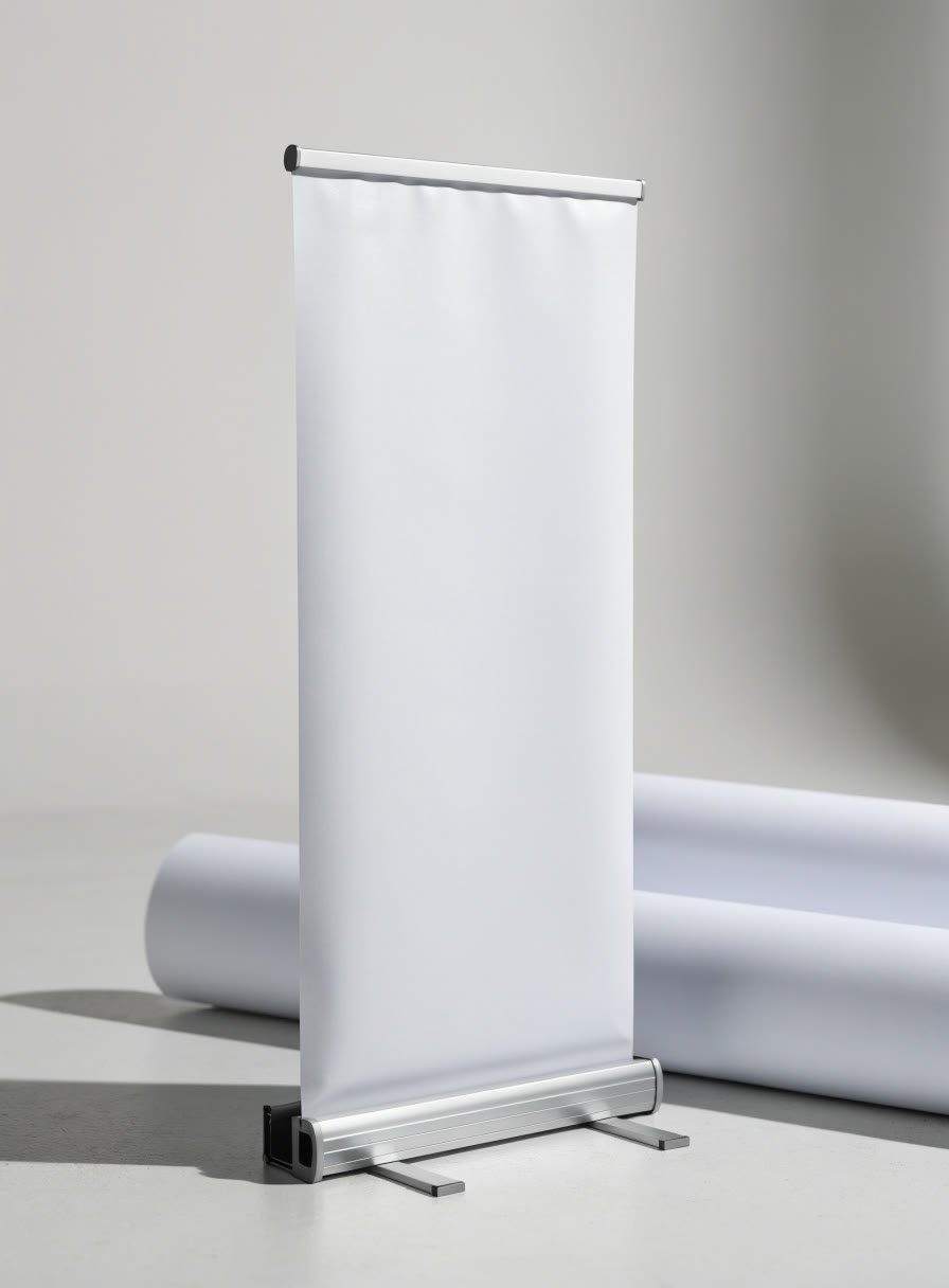 Roll-up blanco con base de aluminio y un rollo de impresión a un lado