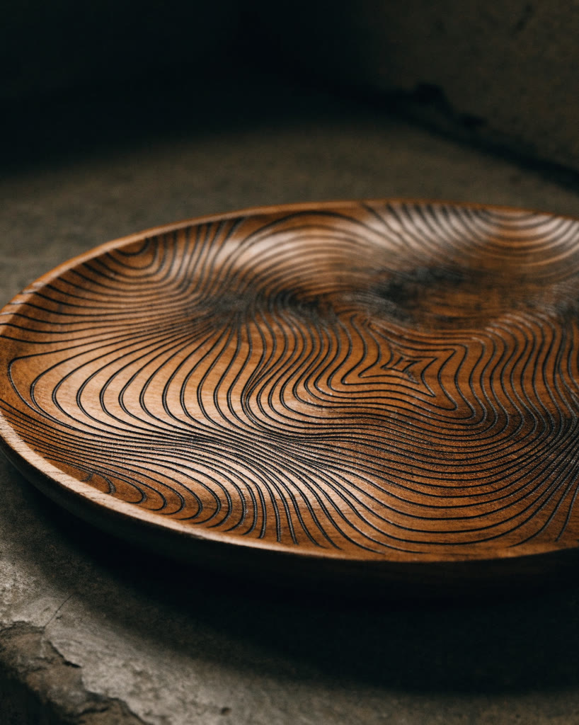 Plato de madera oscura grabado con arcos
