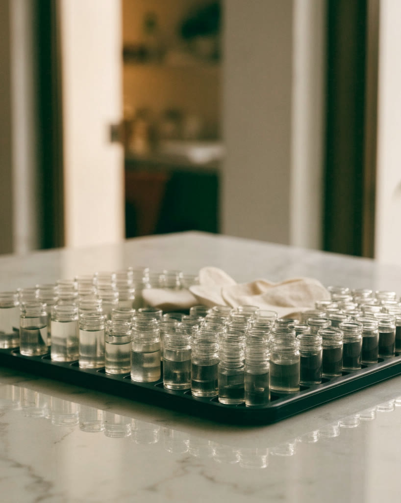 Charola de muestras pequeñas sobre mármol