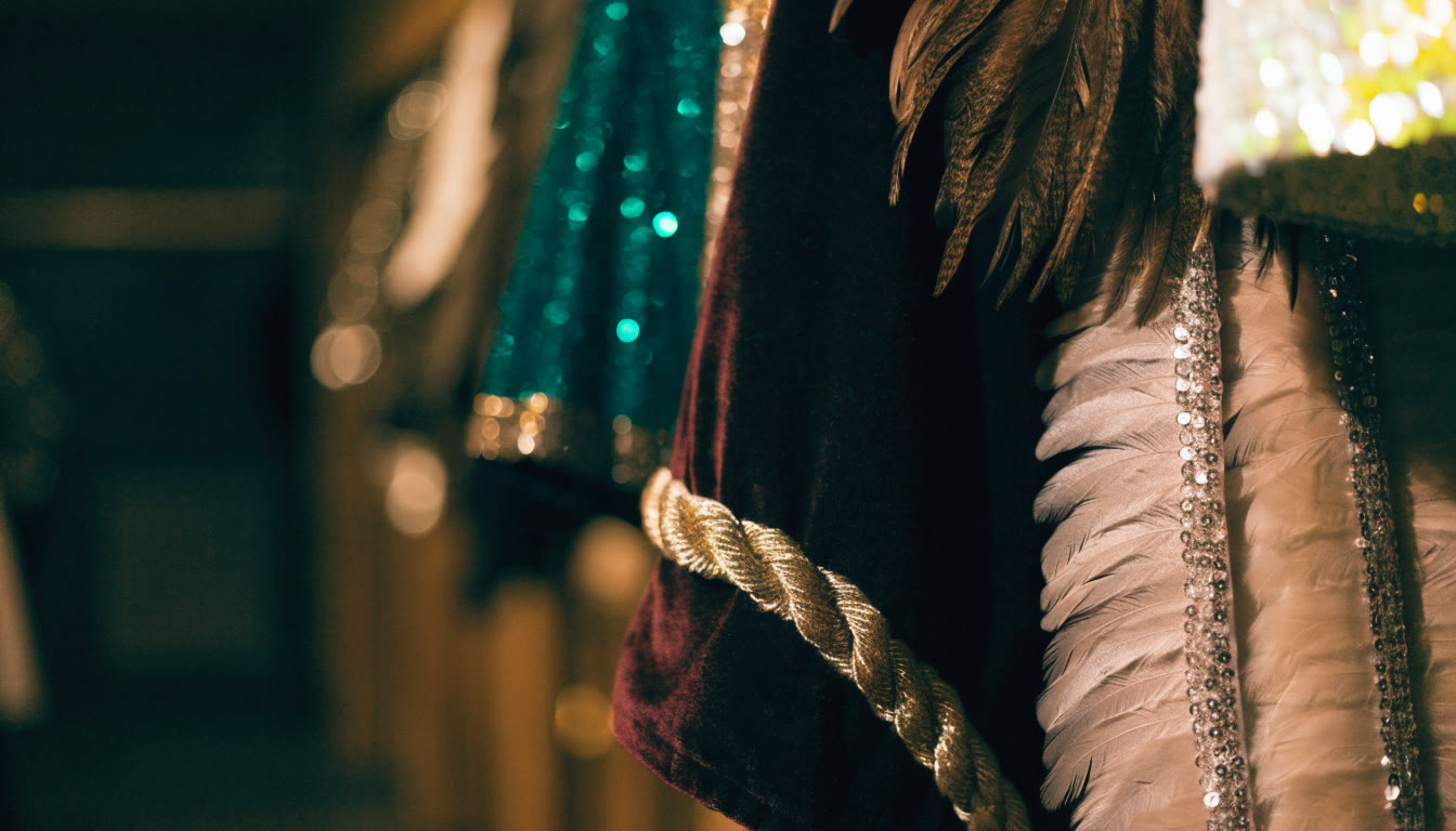 Detalle de vestuario teatral con galones dorados, plumas y terciopelo