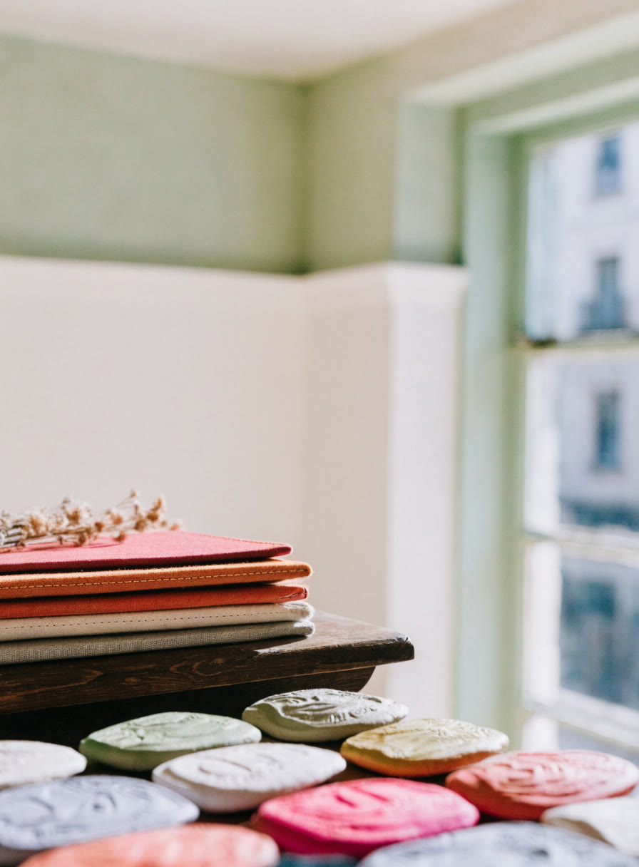 Libretas forradas en tela y regalos de papel sobre una mesa