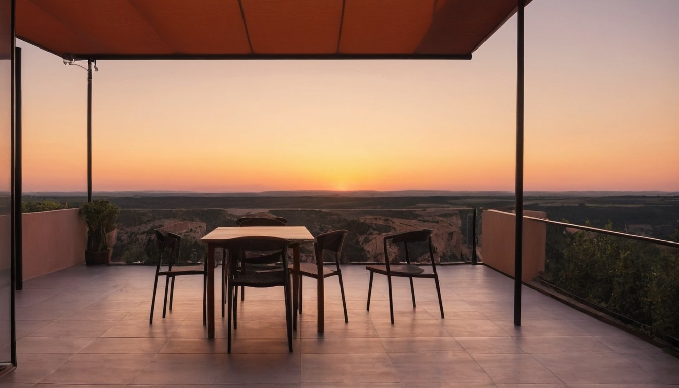 Terraza con lona al atardecer