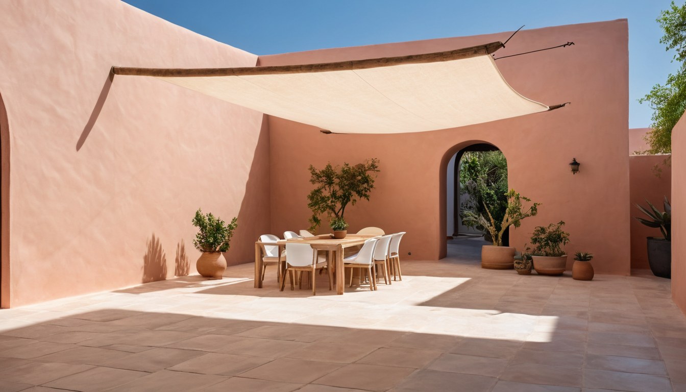 Patio arquitectónico con sombra textil para Tu Negocio