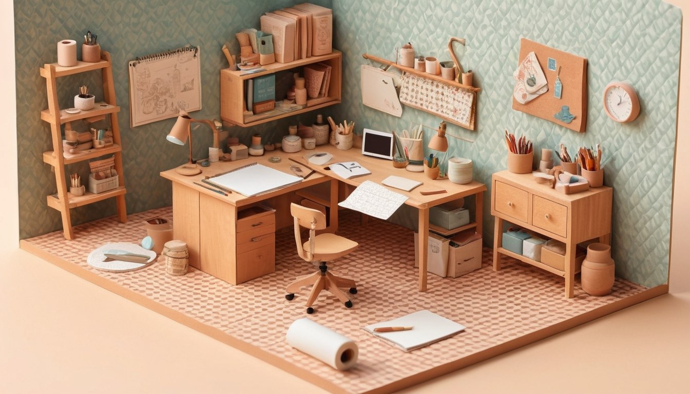Mini atelier isométrico con papeles, cuadernos y mesa de trabajo