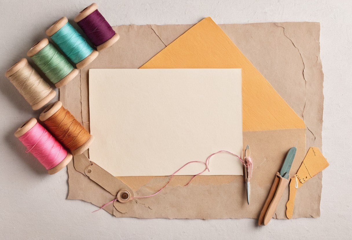 Papeles artesanales, hilos y muestras de color sobre una mesa