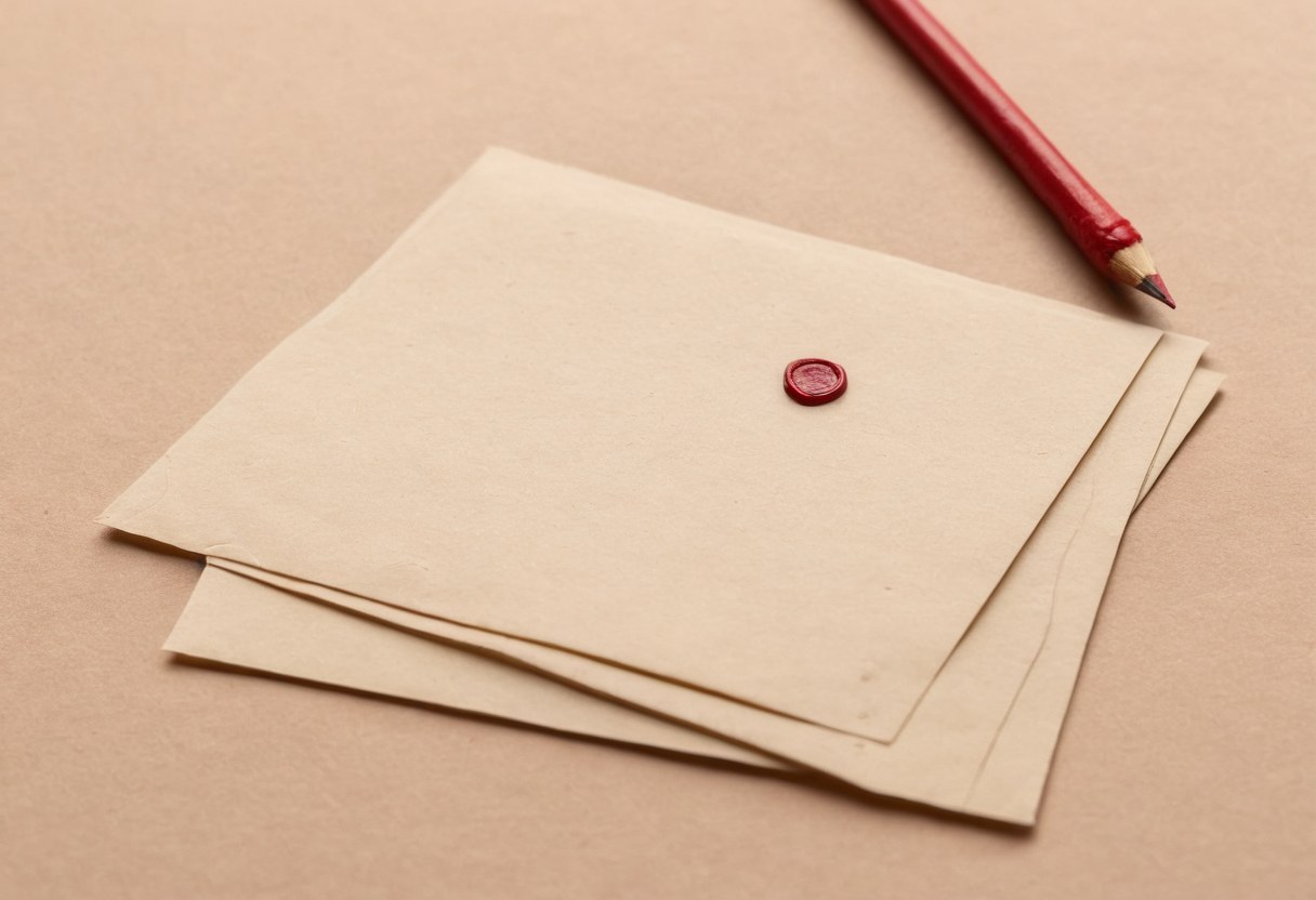 Tarjetas en blanco, lápiz y sello sobre papel fibroso
