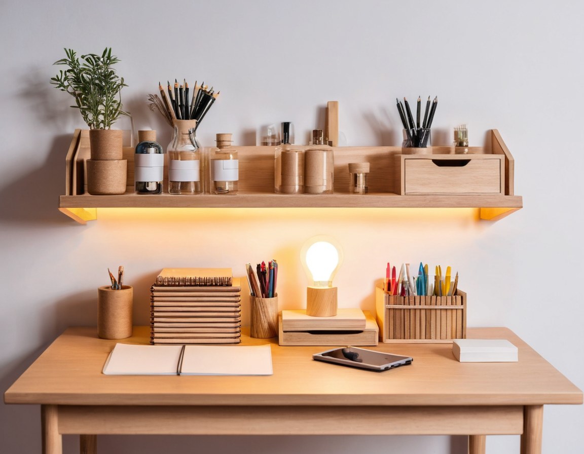 Estante de papelería con cuadernos, rollos y cajones ordenados