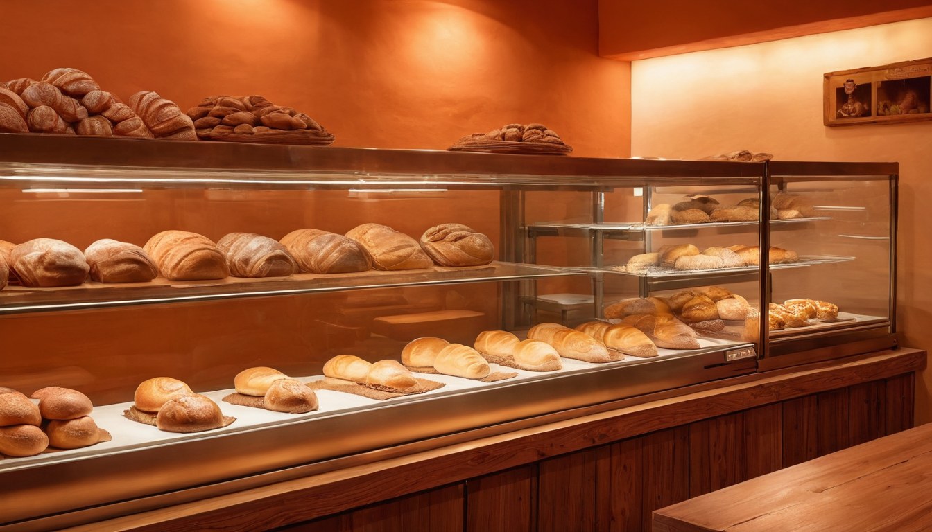 Interior cálido de panadería tradicional mexicana con vitrina de pan fresco