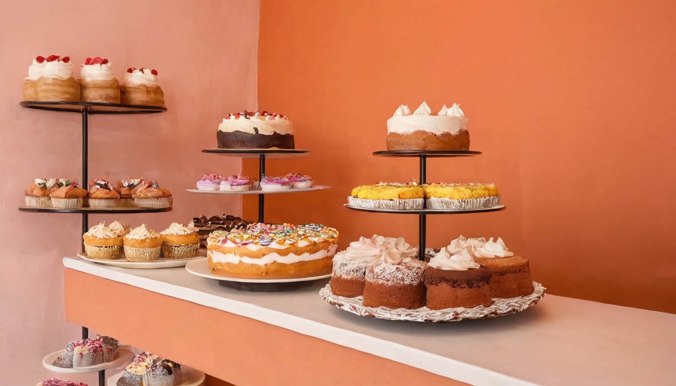 Vitrina de pastelería artesanal con pasteles y rebanadas en Ciudad de México