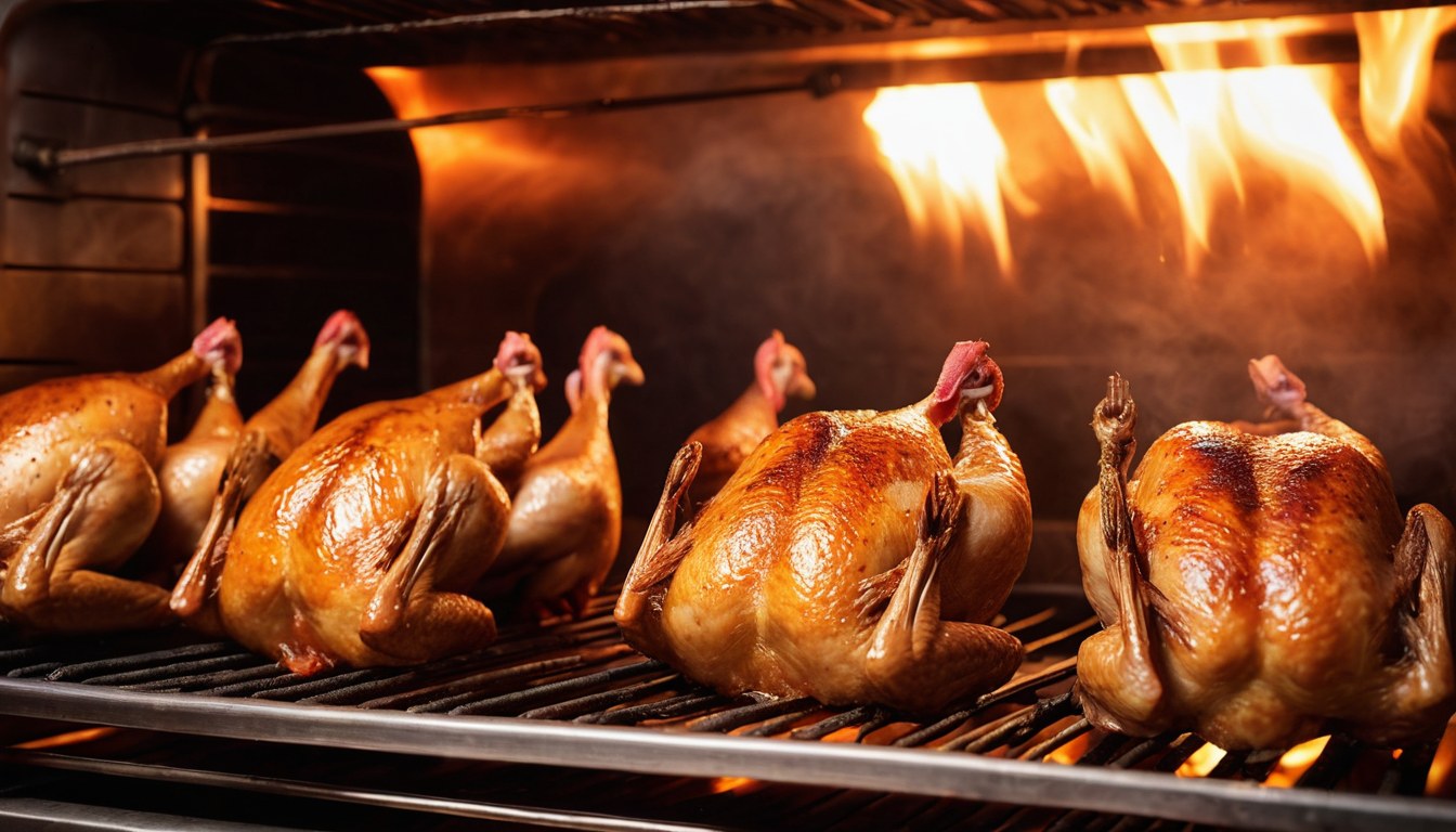 Pollos dorándose en rosticero tradicional