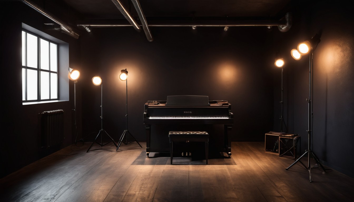 Sala de instrumentos en penumbra con piano y lámparas cálidas